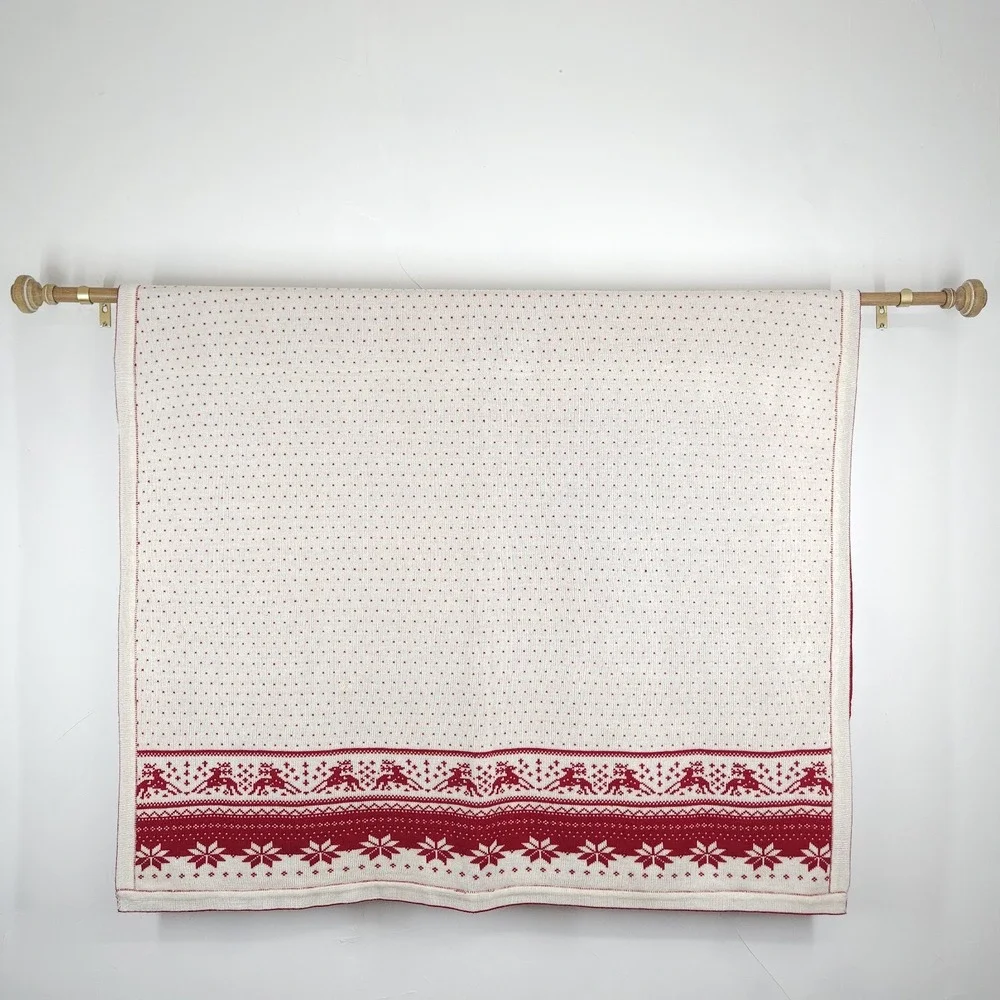 Christmas Throw Blanket Red Knit Reversible Reindeer Nordic Cozy Ski Lodge 49x68